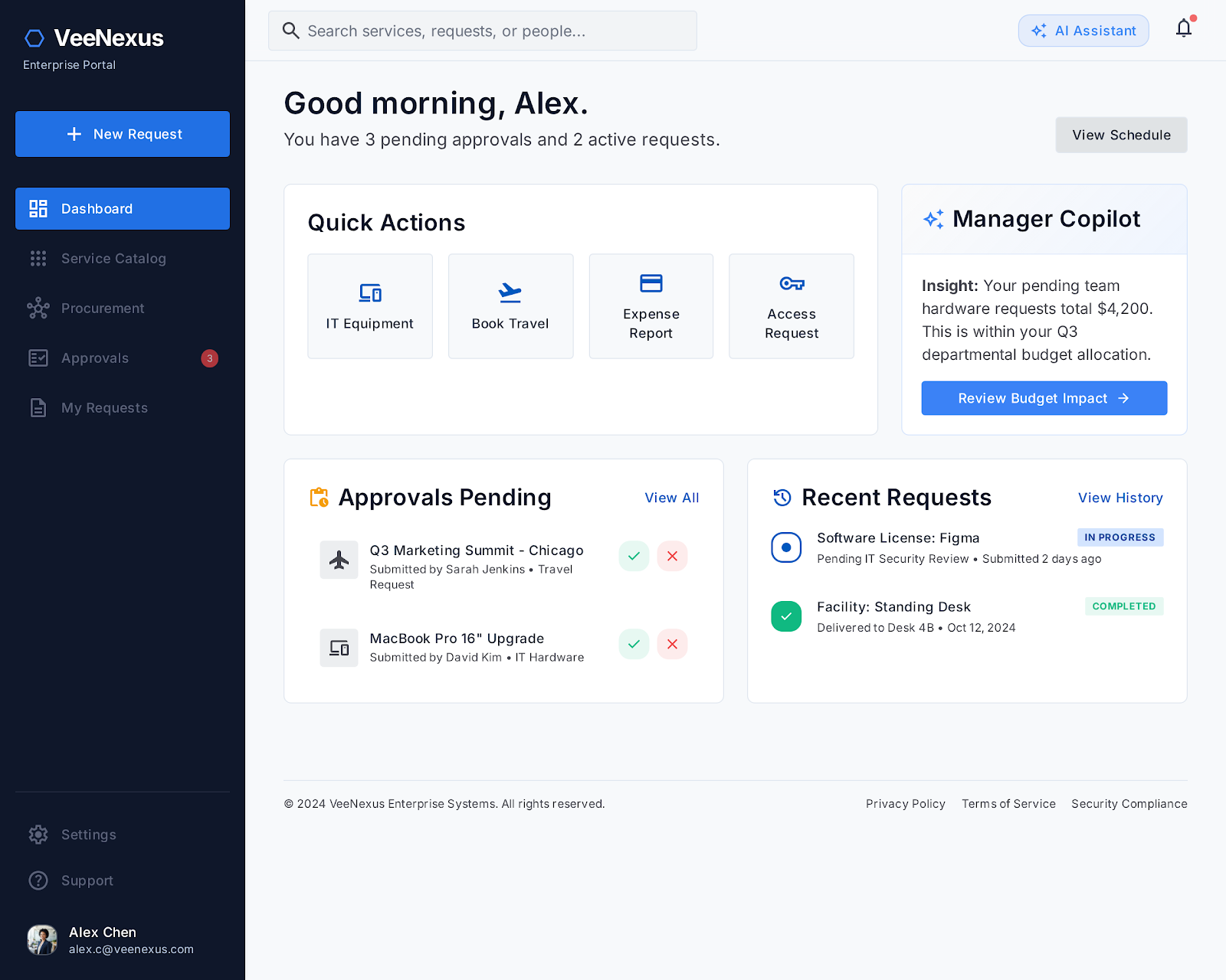 VeeNexus enterprise services & procurement console: employee self-service dashboard, Manager Copilot budget insights, and pending approval queue.